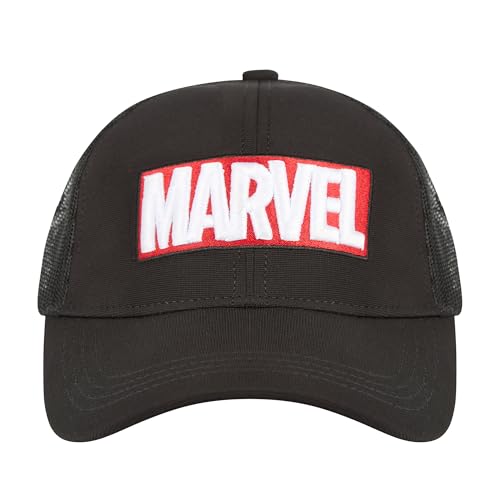Image of Marvel Box Logo Men's Trucker Cap | Black | 6-Panel Structured Fit with Curved Visor | Breathable Mesh Back | Iconic Marvel Logo | Sun-Protective Style for Everyday Wear