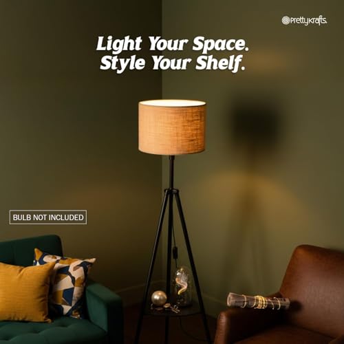 Image of PrettyKrafts Natural Floor Lamp with Shelf (Bulb Not Included) | Wooden Standing Lamp with Decorative Shelf | Modern Decorative Floor Light for Living Room, Bedroom & Study | Size 30 x 30 x 140 cm