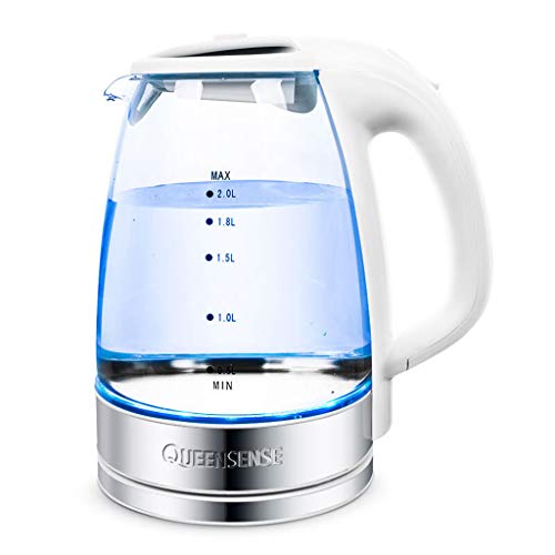 Preisvergleich Produktbild Fenfen-shuihu Glaskochkessel 2L Blaue LED belichtete bewegliches Büro / Hauptgebrauchs-hohes Borosilikatglas-drahtloses Selbstabschalten Edelstahl-Schnellkoch-Tee-Krug-Kessel, transparent, Weiß 1850w