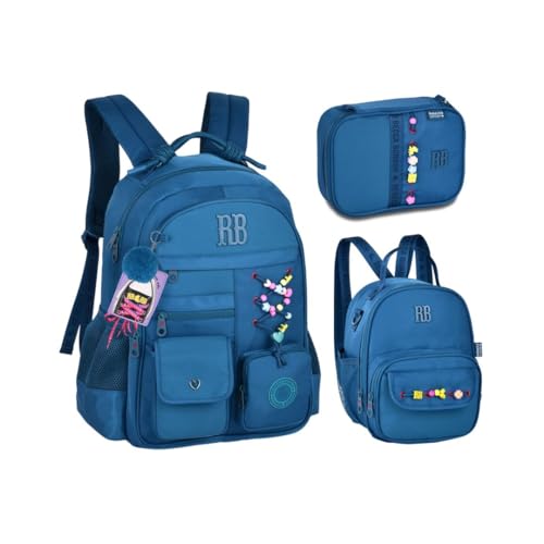 Kit Mochila Lancheira e Estojo Rebecca Bonbon Beaded Fun Com Cadarço RB27422 (Azul)