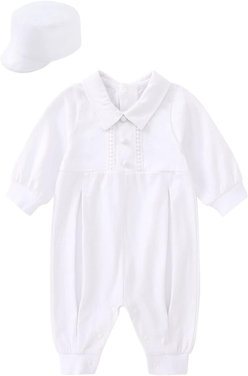 pureborn Unisex Baby Jumpsuit Infant Boys Girls Cotton Spring Fall Romper One-Piece Coverall Baptism Outfit White 0-24 Months