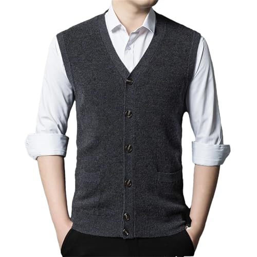 Men Wool Knit Vest Buttons Down Office Smart Casual Basic Cardigan Sleeveless V-Neck Sweater