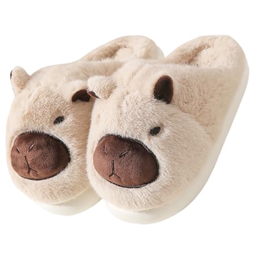 Animal Slippers for Women Capybara Slipper for Adults Cute Fluffy Winter House Shoes Fuzzy Plush Cartoon Dog Shark Sheep Bedroom Slides with Memory Foam Warm Soft PVC Sole (Capybara Beige 5.5)