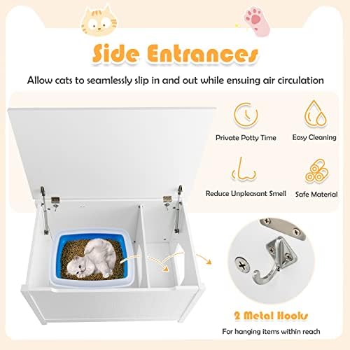 COSTWAY Cat Litter Box Enclosure, Kitty Hidden Washroom Toilet with Top Opening, Hooks and Removable Divider, Cats Furniture End Table for Living Room Bathroom
