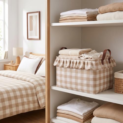 Image of Boao 1 Pcs Brown Ruffled Gingham Canvas Basket, Rectangular Organizing Decorative Storage Basket with Handle, Cute Farmhouse Home Decor for Nursery Room Bathroom Living Room