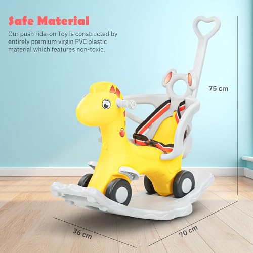 Image of 3 in 1 Baby Rocking Horse Ride On Car for Kids | Baby Rocking Chair with Parental Handle, Balance Board, Safety Guardrail & Belt | Push Ride On Toy Car for Kids 1-3 Years (Yellow)