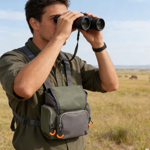 SUNGOOYUE Bolsa de Pecho para Exteriores, Arnés Binocular, Paquete de Pecho, Bolsa para Binoculares Ajustable, Plataforma Ligera de Nailon 500D con Cubierta para Lluvia para Senderismo,