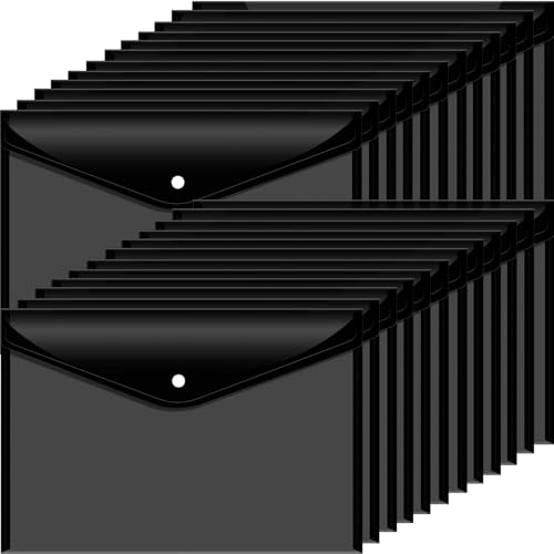 24pcs Plastic Filing Envelopes with Snap Button Closure ，Clear Document Folders for Letter A4 Size Files ，Poly Folders，for School and Office Supplies（Black）