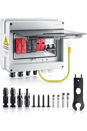 Image of 600V Solar PV Combiner Box, 2 String Waterproof Solar Combiner Box, 63A Circuit Breaker Box with 4Pcs 32A DC Fuses & Lightning Arrester Connector for On/Off Grid Solar Panel System, 2 Input 1 Out