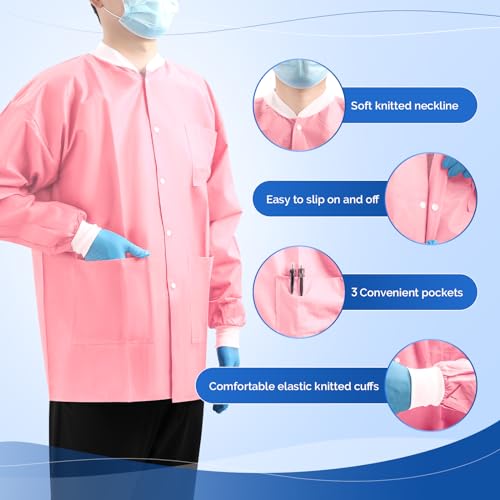 Image of JMU 10-100 Pack Disposable Lab Coats, SMS Disposable Medical Jackets | Disposable Lab Coats for Men and Women, Knit Cuffs Collar, 3 Pockets