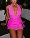 Bodycon Dresses for Women Summer 2026 Sexy Halter Sleeveless V Neck Backless Side Slit Ruffle Trim Hem Cocktail Party Mesh Mini Dress Hot Pink L