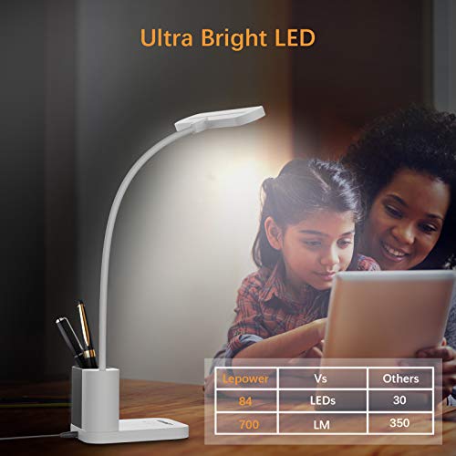 Lepower 700Lm Led Desk Lamp With Pen Holder, 12W Gooseneck Study Desk Lamp With 3 Colors, Dimmable Led Table Lamp For Home Office, College Dorm, Bedroom, Kids (White) #TOP1