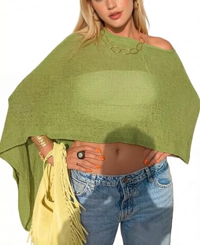 Amiblvowa Women Sheer Dark Green Poncho Top Lightweight Crochet Mesh Shawl See Through Knit Shrug Off the Shoulder Festival Top Swimsuit Cover Up Y2K Trendy Summer Beach Vacation Outfits