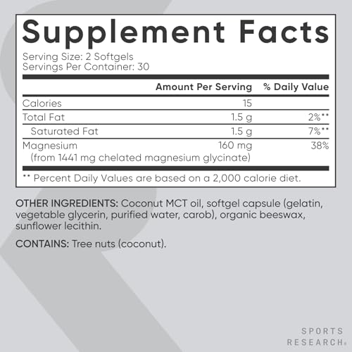 Image of Sports Research Magnesium Glycinate - Supports Restful Sleep & Enzymatic Processes - 160 mg Chelated Magnesium - Liquid Softgel - 60 Count