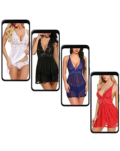 Image of Love Maker Women Babydoll Chemise Multicolor Lace Net Lingerie Nighty for Girls Stylish Above Knee Flora Print Honeymoon Anniversary Nightwear Dress Small to 3XL