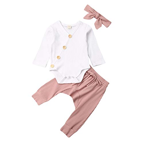 0-18M Unisex Baby Girls & Boys Pajamas Set, Infant Rib Knit Romper Top and Pants Sleepwear Pjs 2Pcs Set (White Top Pink Pants, 6-12 Months)