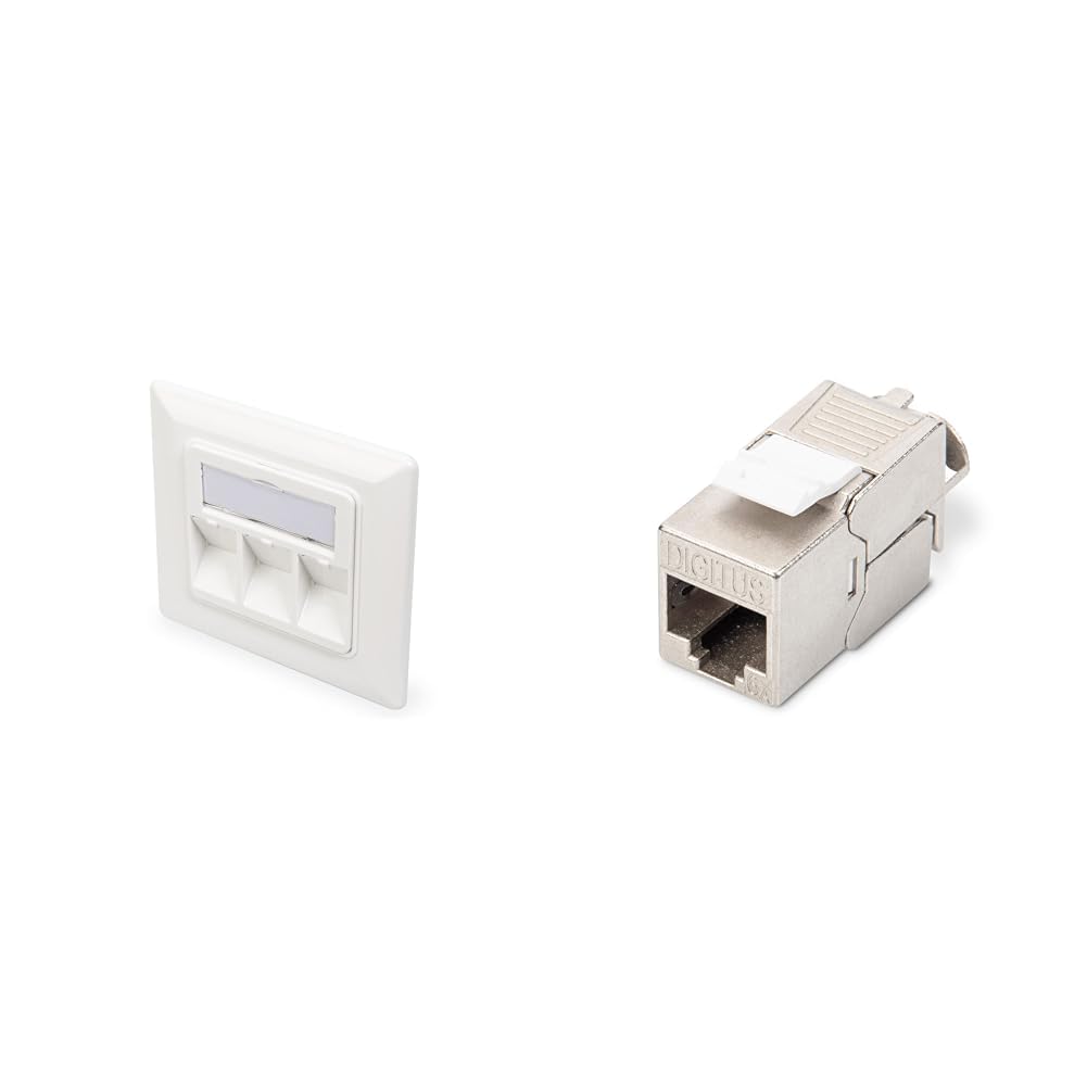 DIGITUS Set: Toma de red de 3 puertos - 10 piezas - Con módulo Keystone 30x Cat6A - Salida en ángulo de 45° - Con tapa de protección contra el polvo - Blanco