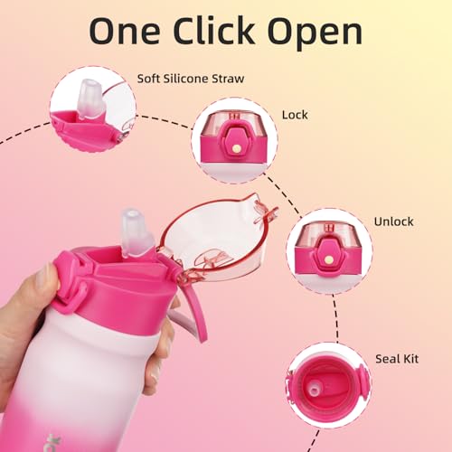 Image of BJPKPK 14 oz Insulated Water Bottle, Straw, Handle, Stainless Steel Flask | Leak Proof Locking Lid, Double Wall Vacuum, Keeps Hot /Cold, BPA Free, Dishwasher Safe, Travel & Sports, Cherry Blossom