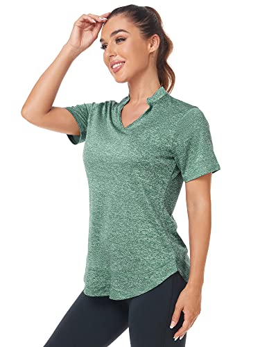 Absttith Gym Wear Women's Short Sleeve Workout Shirts Golf Running Tops Quick Dry V Neck Sport Tee Green Large #TOP4