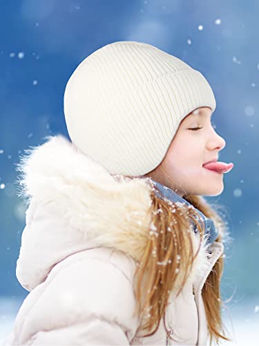 Geyoga 3 Pcs Toddler Kids Boys Girls Winter Knit Hat With Ear Flaps Beanie Hat Fleece Warm Lined Ears Covers Skull Hat For Kids 3 To 7 Years Black, White, Grey #TOP6