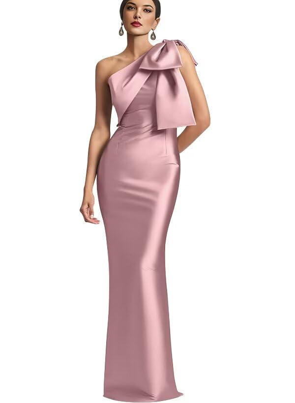 Image of One Shoulder Bridesmaid Dresses with Bow Long Mermaid Satin Back Slit Mother of The Bride Dresses PM004