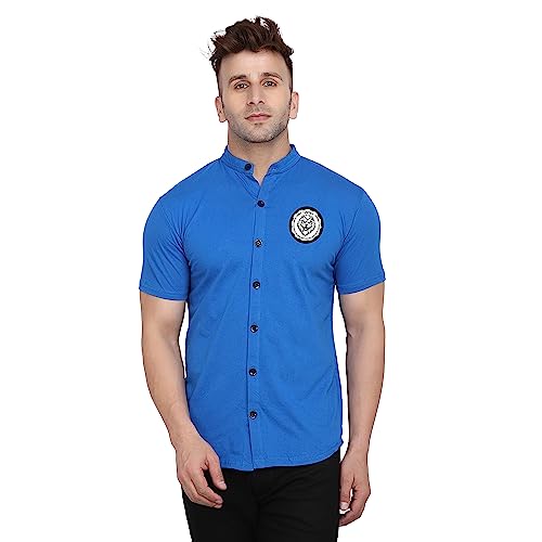 Image of Geum Men's Mandarin Collar Shirt with Graphic Print| Short Sleeve Cotton Blend Slim Fit Casual Shirt for Men