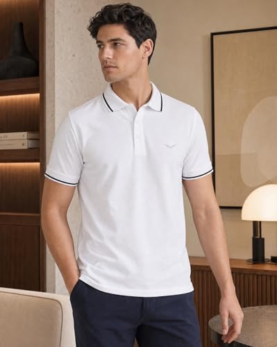 Image of NOBERO Men's Travel Polo T-Shirt | Premium Cotton Stretch Fabric | Anti-Odor & Water-Repellent | UPF 50+ Sun Protection | Regular Fit Polo Collar Casual Wear