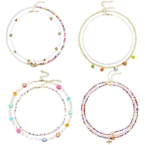 Paffartt Pearl Necklace y2k Boho Beads Colorful Adjustable Necklace Set for Women Girls Handmade Seed Beaded Jewelry Gifts (colorful flowers) Cover