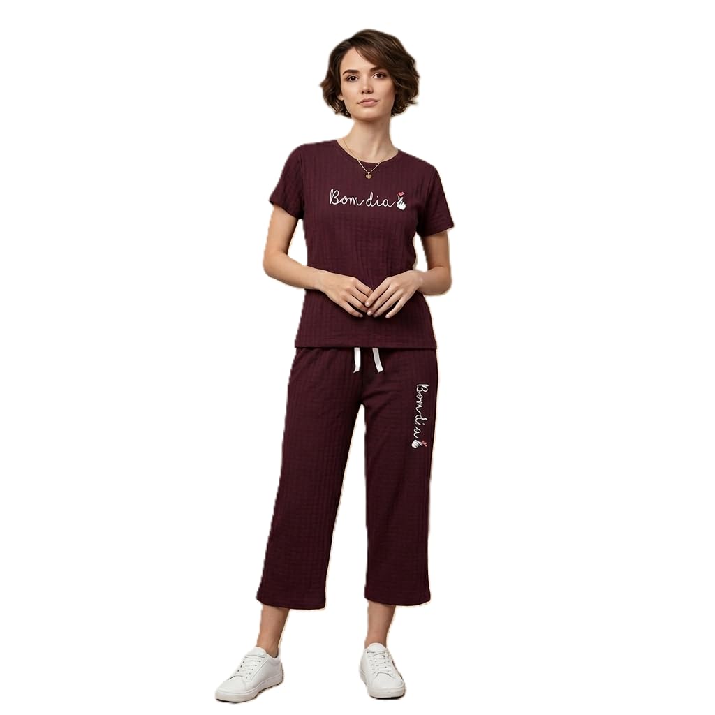 Women's Waffle Knit Pajama Set, Short Sleeve Crew Neck Top & Capri Pants, Soft Loungewear 2-Piece-picture-26