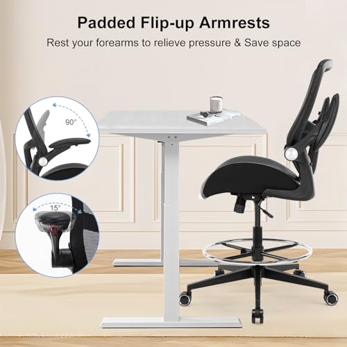 HOMIFYCO Drafting Chair, Tall Office Chair with Flip-up Armrests, Standing Desk Chair Counter Height Office Chairs with Footrest and Adjustable Lumbar Support Black - Image 6