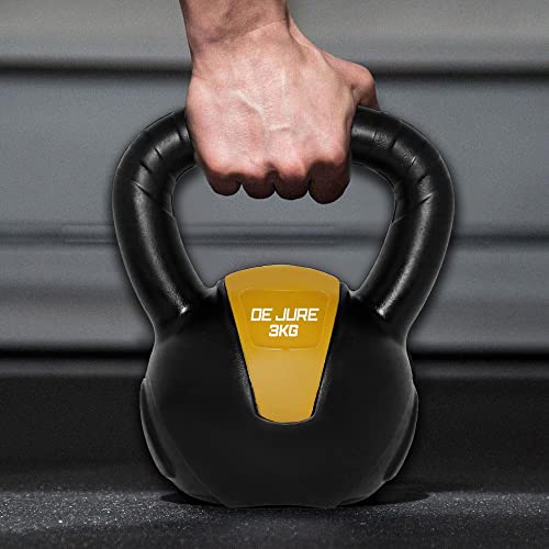 Image of De Jure Fitness PVC Kettlebell 3kg for Men & Women Strength & Cardio Training, Soft Grip, Crushed Concrete Filled, Full Body Workout Equipment for Home & Gym, Yellow Black