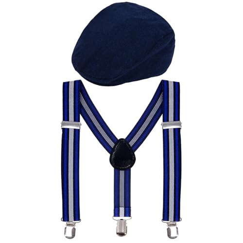 Bskifnn Kids Newsboy Cap with Suspender Set Adjustable Suspender Stylish Outfit for Wedding,Photoshoot,Party,100 Days of School (Dark Blue)