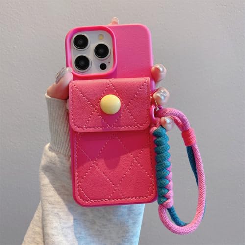 Coque iPhone X XS avec porte-carte et cordon en cuir matelassé rose rouge