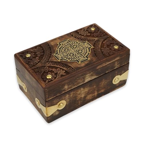 BlessedMart Hand Carved Wooden Storage Incense Box with Celtic Cross Decoration