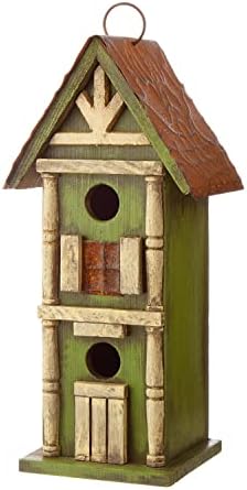 Glitzhome 12.75" H Hanging Green Two-Tiered Distressed Wooden Garden Bird House