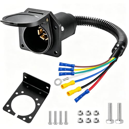 Seamaka 7 Pin Trailer Plug 7 Way Trailer Light Connector Socket 7 Prong Electrical Truck End Wiring Harness Vehicle Side 7 Pin Truck Plug Quick Converter with Mounting Bracket