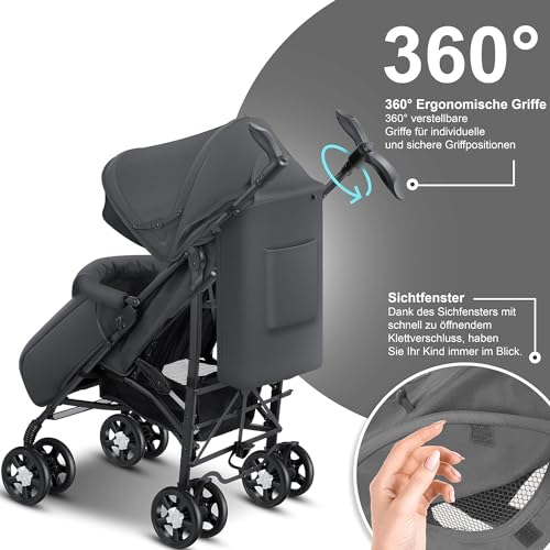 KIDIZ® Kinderwagen City-Pro Buggy Kinderbuggy klappbar Liegebuggy Sportwagen Faltbar 360° 6-Zoll-Rädern Inkl. Moskitonetz, Fußsack und Regenverdeck zusammenklappbar Schlaffunktion Anthrazit