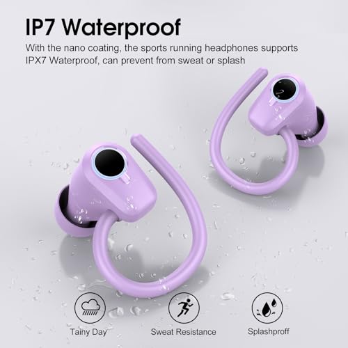 Image of Wireless Earbuds, 2023 Bluetooth Headphones 5.3 Sport, 50H Ear buds with Earhooks, Dual LED Display Bluetooth Earbuds, Deep Bass Stereo Noise Cancelling Headphones, IP7 Waterproof Earphones, Purple