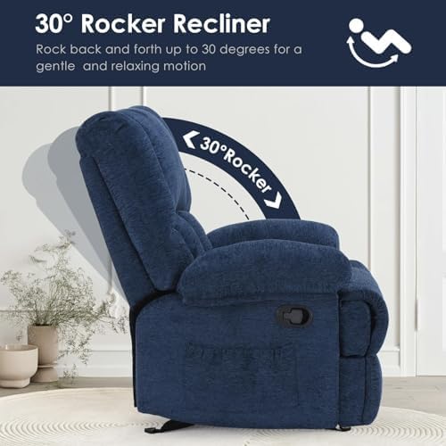 Image of Oversized Rocker Recliner Chair, Wide Rocker Chair with Adjustable Backrest Footrest, Lazy Boy Oversized Recliner for Adults, Reclining Sofa for Living Room, Reading, Bedroom, Blue