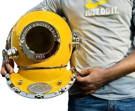 Yellow Scuba Diving Helmet | 1921 Anchor Engineering Divers Helmet | Nautical Deep Sea 18 Inch