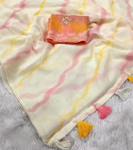 Image of Women's Linen Cotton Blend Saree Multicolor Ikat Brush Print Scalloped Border with Floral Print Unstitched Blouse Piece