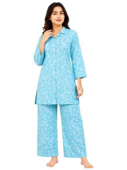 Ladies Co-ord Set Sky Blue Floral Print with Wide Leg Palazzo-picture-47