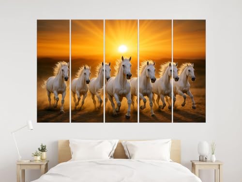 Image of KYARA ARTS Seven Running Horses Wall Art Painting | Vastu Inspired Home Decor | Large Multi Panel Horse Artwork for Living Room, Bedroom, Office & Lobby | Golden Sunrise Design (30inchx 50inch)