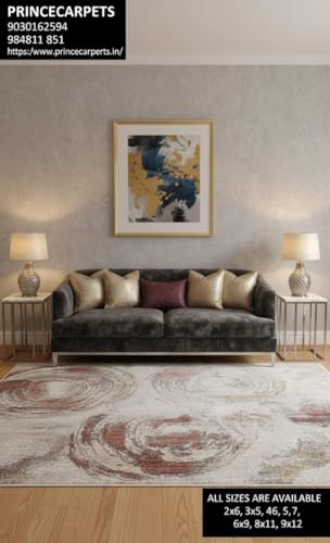 Image of 6x9 Feet (180x270 CM) Carpet for Living Room Hall & Bedroom - Pink Beige Modern Abstract Geometric Silk-Touch Luxury Hotel-Style Washable Anti-Skid Turkish Area Rug