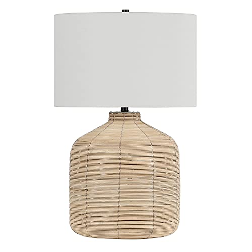Henn&Hart 27' Tall Oversized/Rattan Table Lamp with Fabric Shade in Natural Rattan/Brass/White, Lamp, Desk Lamp for Home or Office