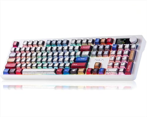 Image of AULA Wireless Mechanical Gaming Keyboard Full Size 8000mAh with Knob&Screen | Hot Swappable Custom,RGB Backlit,Creamy Pre-lubed Blaze Switches,PBT Keycaps,Tri-Mode BT /2.4GHz /USB-C,F106Pro Comic Mix Color