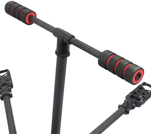 Close-up of a carbon fiber arm with a red motor mount and landing skid attachment point.