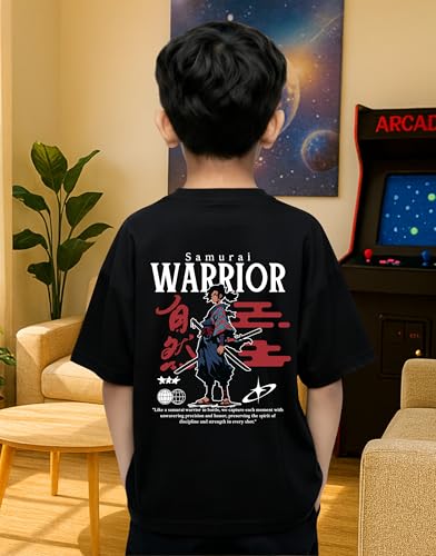Image of Samurai Warrior Oversized T-Shirt for Kids 4-17 Years | Anime Samurai Front & Back Print | Boys & Girls Cotton Casual Tee