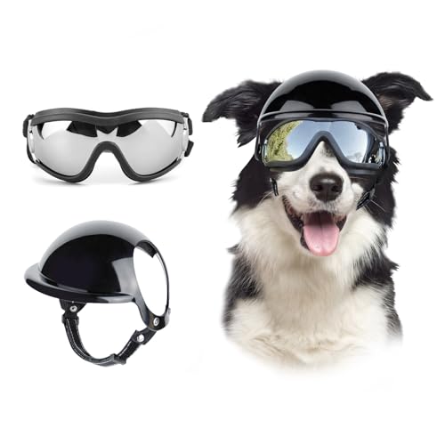 Billionchains Dog Goggles and Helmet Set - Anti-dust UV Protection Sunglasses, Durable Motorcycle Helmet With Ear Hole, Adjustable Pet Glasses for Medium to Large Dogs - Black