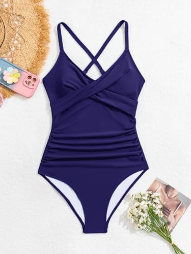 Image of B2prity Women's One Piece Swimsuit Tummy Control Front Cross Bathing Suit | Slimming Ruched ,Tie Back,Wrap Front,Adjustable Straps,Soft Removable Cups for beach, pool and vacation wear